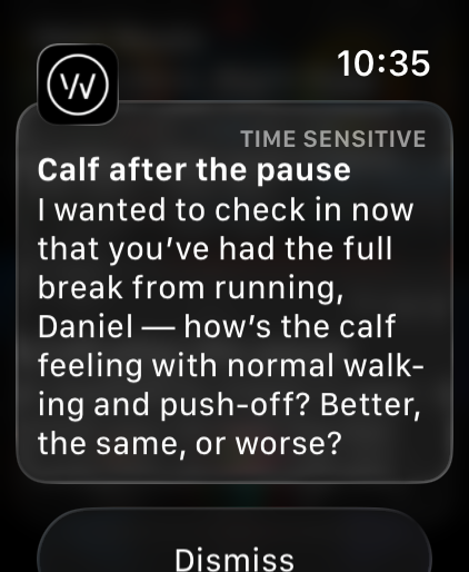 Calf after the pause I wanted to check in now that you've had the full break from running, Daniel - how's the calf feeling with normal walking and push-off? Better, the same, or worse?